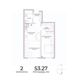 2-к квартира, строящийся дом, 53м2, 12/17 этаж