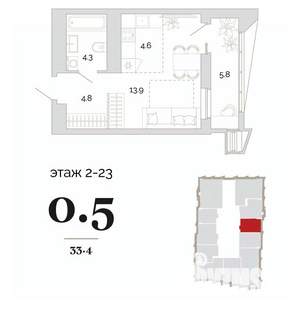 1-к квартира, вторичка, 33м2, 23/24 этаж