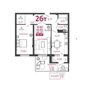 2-к квартира, вторичка, 70м2, 1/5 этаж