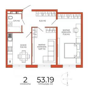 2-к квартира, строящийся дом, 53м2, 18/18 этаж