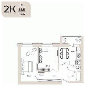 2-к квартира, вторичка, 58м2, 1/10 этаж