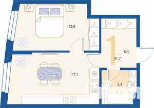 1-к квартира, вторичка, 42м2, 1/16 этаж