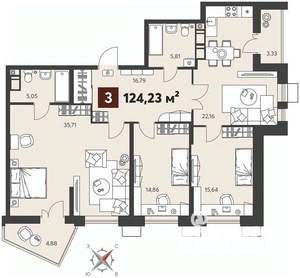 3-к квартира, вторичка, 124м2, 3/18 этаж