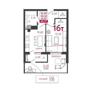 1-к квартира, вторичка, 44м2, 1/5 этаж