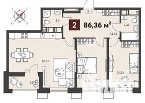 2-к квартира, вторичка, 86м2, 6/18 этаж