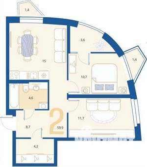 2-к квартира, вторичка, 61м2, 13/16 этаж