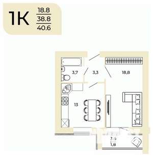 1-к квартира, вторичка, 41м2, 1/10 этаж