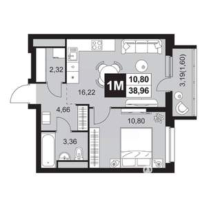 2-к квартира, вторичка, 39м2, 3/20 этаж