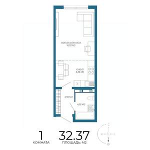 1-к квартира, строящийся дом, 32м2, 16/17 этаж