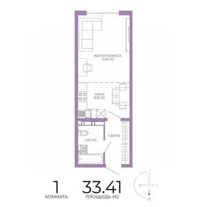 1-к квартира, строящийся дом, 33м2, 2/17 этаж