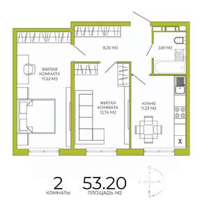 2-к квартира, строящийся дом, 53м2, 9/18 этаж