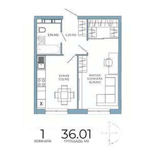 1-к квартира, строящийся дом, 36м2, 11/18 этаж