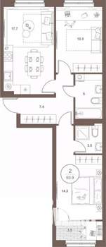 2-к квартира, вторичка, 64м2, 7/16 этаж