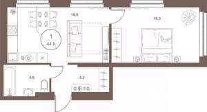 1-к квартира, вторичка, 45м2, 7/16 этаж