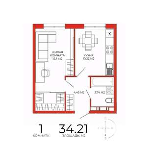 1-к квартира, строящийся дом, 34м2, 13/18 этаж