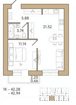 1-к квартира, вторичка, 43м2, 5/12 этаж