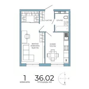 1-к квартира, строящийся дом, 36м2, 11/18 этаж