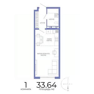 1-к квартира, строящийся дом, 34м2, 14/17 этаж