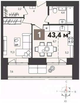 1-к квартира, вторичка, 43м2, 10/14 этаж