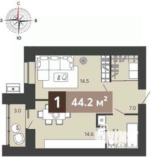 1-к квартира, вторичка, 44м2, 1/17 этаж