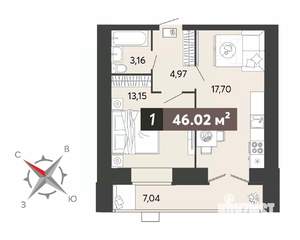 1-к квартира, строящийся дом, 46м2, 3/16 этаж