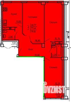 3-к квартира, строящийся дом, 79м2, 2/18 этаж