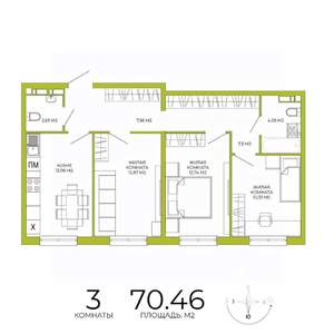 3-к квартира, строящийся дом, 70м2, 6/18 этаж