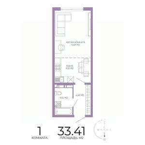 1-к квартира, строящийся дом, 33м2, 2/17 этаж
