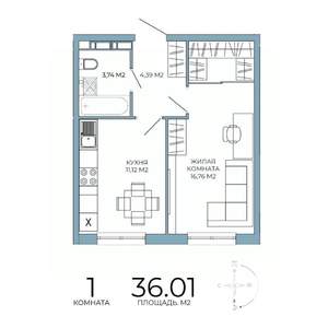 1-к квартира, строящийся дом, 36м2, 10/18 этаж