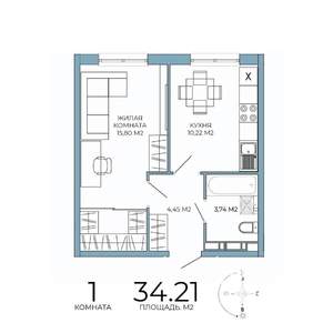 1-к квартира, строящийся дом, 34м2, 18/18 этаж