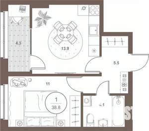1-к квартира, вторичка, 39м2, 5/16 этаж