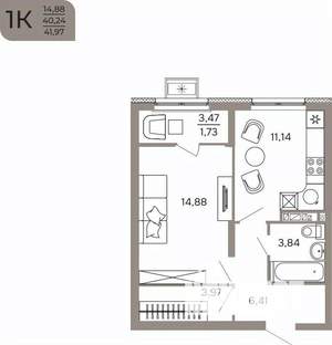 1-к квартира, вторичка, 42м2, 9/17 этаж