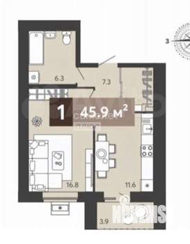 1-к квартира, вторичка, 46м2, 15/17 этаж