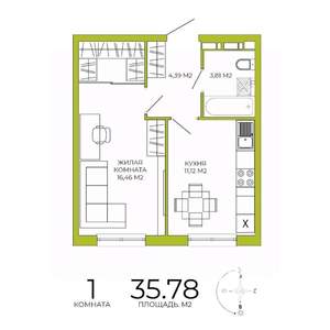 1-к квартира, вторичка, 36м2, 4/18 этаж