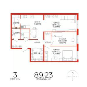 3-к квартира, строящийся дом, 89м2, 11/18 этаж