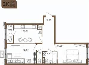 2-к квартира, вторичка, 65м2, 5/17 этаж