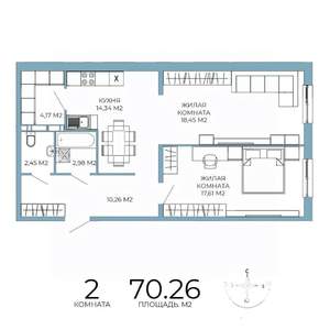 2-к квартира, строящийся дом, 70м2, 4/18 этаж