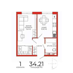 1-к квартира, строящийся дом, 34м2, 11/18 этаж