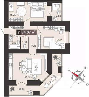 2-к квартира, вторичка, 84м2, 1/18 этаж