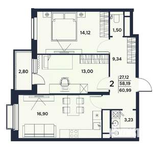 2-к квартира, вторичка, 61м2, 12/17 этаж