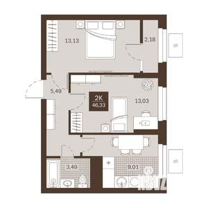 2-к квартира, вторичка, 46м2, 17/22 этаж