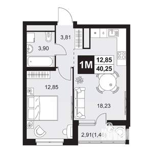 2-к квартира, вторичка, 40м2, 1/20 этаж