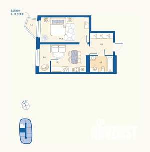 1-к квартира, вторичка, 42м2, 3/16 этаж