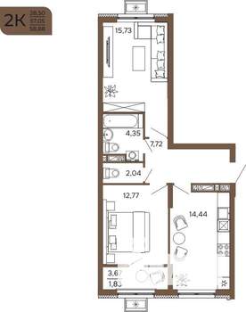 2-к квартира, вторичка, 59м2, 8/17 этаж