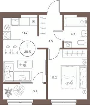 1-к квартира, вторичка, 38м2, 9/16 этаж