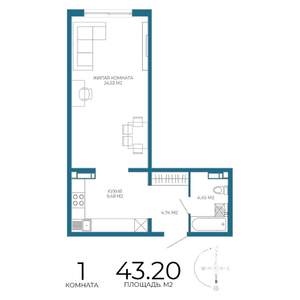 1-к квартира, вторичка, 43м2, 7/17 этаж