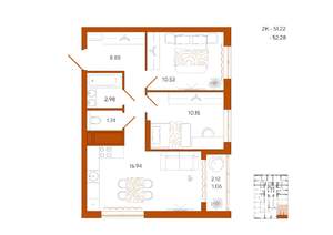 2-к квартира, вторичка, 52м2, 2/18 этаж