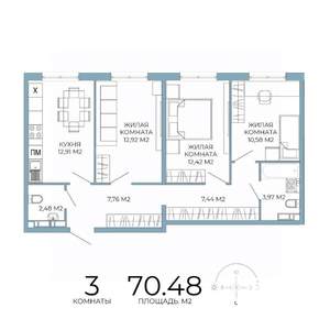 3-к квартира, строящийся дом, 70м2, 10/18 этаж