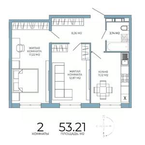 2-к квартира, строящийся дом, 53м2, 11/18 этаж