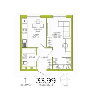 1-к квартира, строящийся дом, 34м2, 4/18 этаж